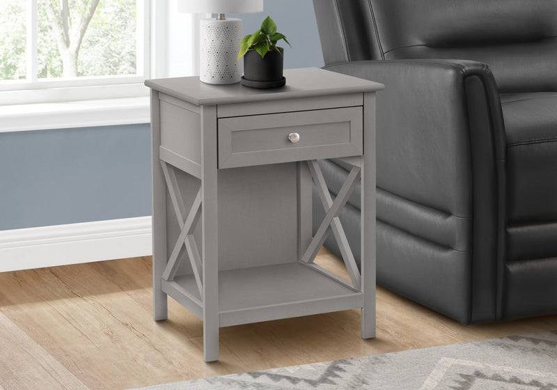 Table de bout, d’appoint et de nuit de style transitionnel à 2 niveaux, avec tiroir de rangement et placages gris antique pour la chambre à coucher
