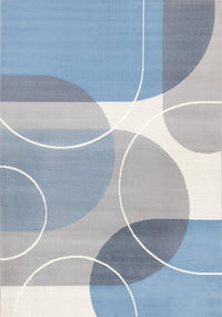 Carpette Forte bleue, grise et blanche à motif géométrique de demi-cercles - 5 pi 3 po x 7 pi 5 po