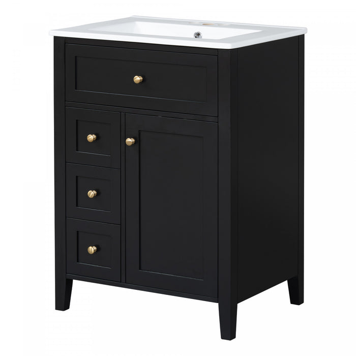 Scott Meuble-lavabo de 24\" avec vasque en ceramique et pieds en bois caoutchouc, Noir