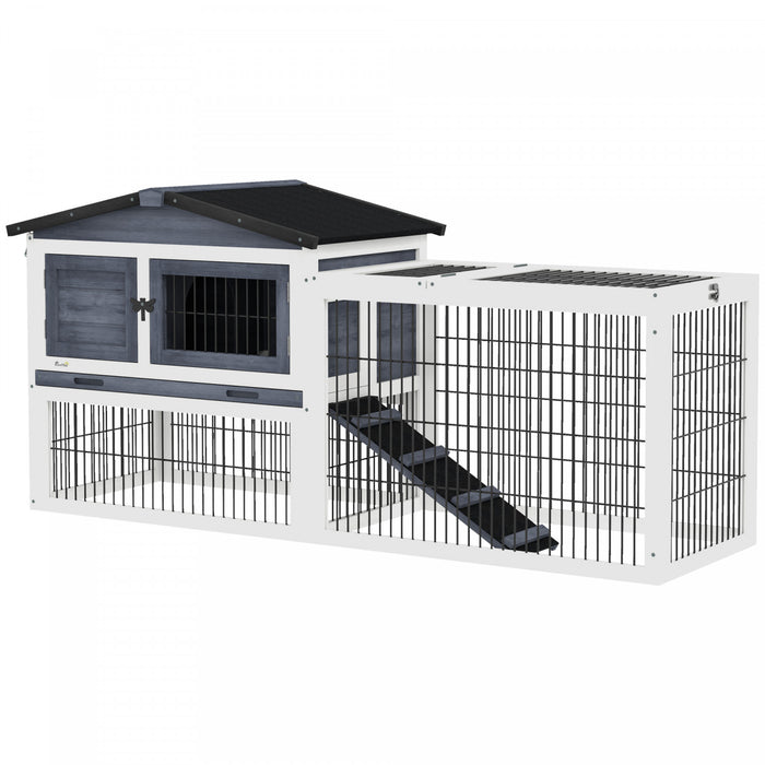 Pawhut Clapier D'exterieur A 2 Niveaux Avec Dessus Ouvrant, Grande Cage A Lapin En Bois De 59\" Avec Toit Resistant Aux Intemperies, Plateau Amovible, Rampe, Gris Fonce
