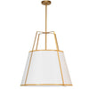 Luminaire suspendu Trapezoid de Dainolite avec abat-jour trapézoïde doré et blanc qui diffuse la lumière, tissu blanc et 3 ampoules