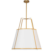 Luminaire suspendu Trapezoid de Dainolite avec abat-jour trapézoïde doré et blanc qui diffuse la lumière, tissu blanc et 3 ampoules