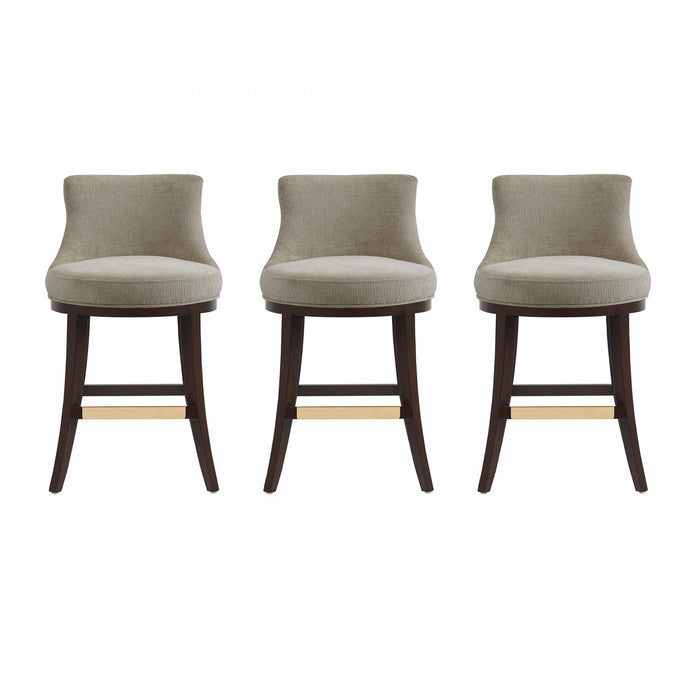 Tabouret de comptoir moderne Lucia en bois et chenille taupe - Lot de 3