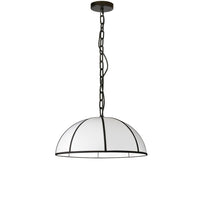 Petit luminaire suspendu Portobello de Dainolite avec abat-jour blanc, bordure noire, fini noir mat et 1 ampoule