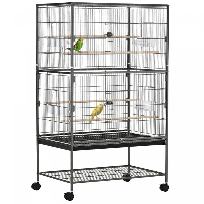 Pawhut Grande Cage A Oiseaux En Acier De 52'' Avec Support Roulant, Etagere De Rangement, Perchoir En Bois, Contenant A Nourriture, Gris Fonce