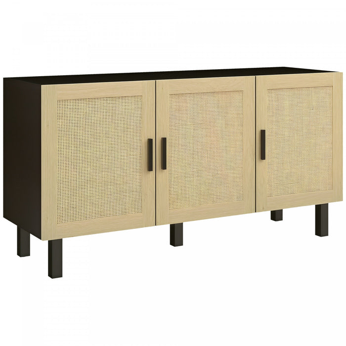 HOMCOM Buffet Boho, meuble bar a cafe avec portes en rotin, noir