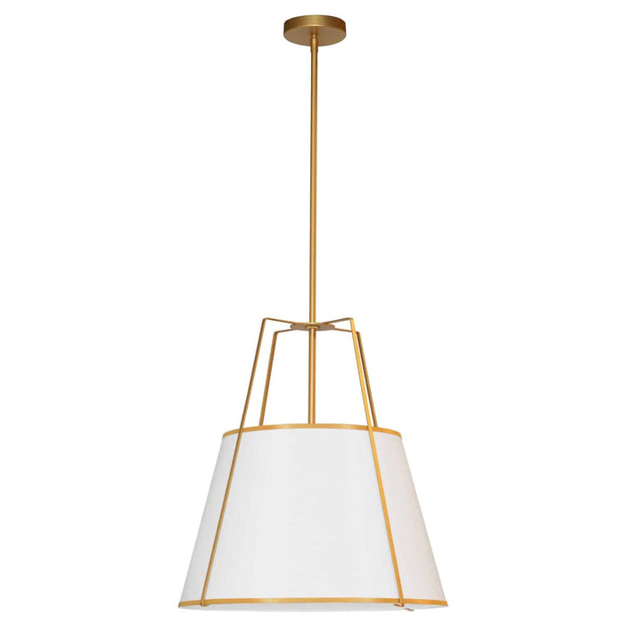 Luminaire suspendu Trapezoid de Dainolite avec abat-jour trapézoïde doré et blanc qui diffuse la lumière, tissu blanc et 3 ampoules