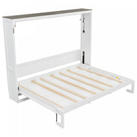  Lit escamotable Olivia en bois massif avec lumiere LED et armoire pliante, taille full, blanc