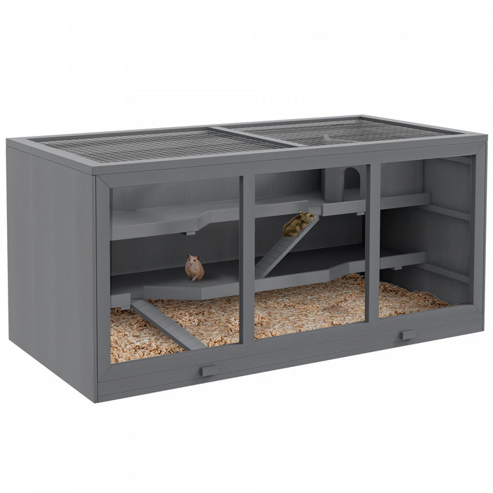 Pawhut Cage En Bois Pour Hamster, Souris, Rat, Cage Pour Petits Animaux, Maison De Jeu D'exercice A 3 Niveaux Avec Toboggan, Plateau, Gris