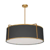 Luminaire suspendu Trapezoid de Dainolite avec abat-jour cylindrique doré et noir qui diffuse la lumière, tissu blanc et 4 ampoules