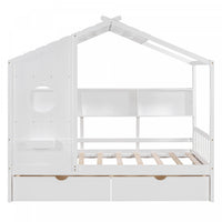  Lit Maison Jeames en Bois avec 2 Tiroirs de Rangement et Etagere, Taille Twin - Blanc