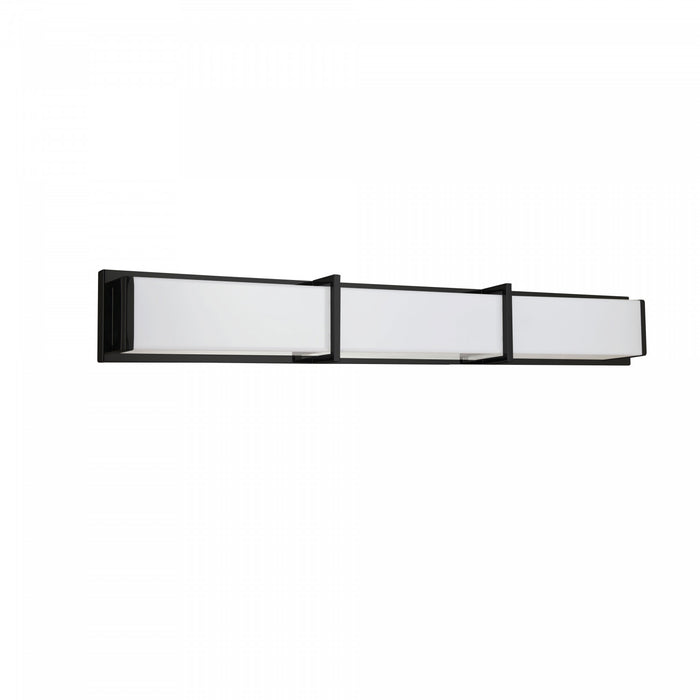 Lumière de coiffeuse Winston de Dainolite en acrylique blanc qui diffuse la lumière, avec fini noir mat et ampoule de 50 W