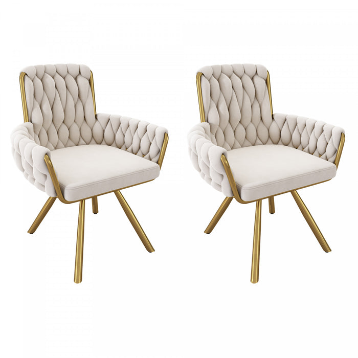 Chaises de salle a manger pivotantes Timothy en velours avec revetement capitonne et pieds en metal dore, lot de 2