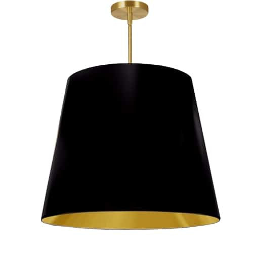 Grand luminaire suspendu de Dainolite avec très grand abat-jour cylindrique effilé noir et doré, et 1 ampoule