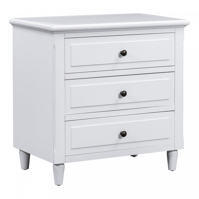 U_Style Table de Nuit Peinte 28 po avec 3 Tiroirs a Glissiere Douce et Pieds en Bois de Caoutchouc, Blanc