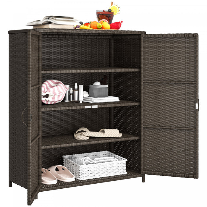 Outsunny Armoire de rangement exterieure en osier, 4 etageres avec 2 portes