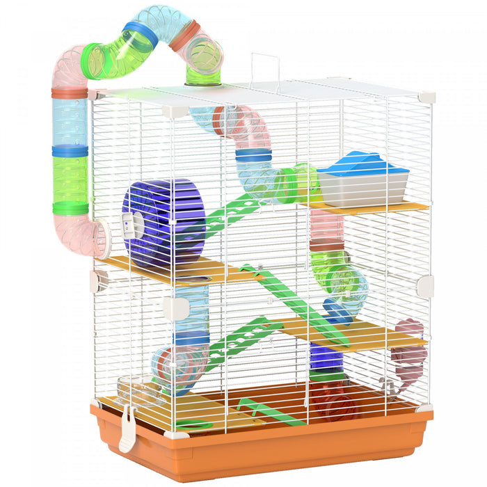 Pawhut Cage A Hamster A 5 Niveaux Portable Pour Animaux De Compagnie Avec Roues D'exercice, Tube De Jeu, Bouteille D'eau, Vaisselle, Echelle De Maison Pour Gerbilles, Orange