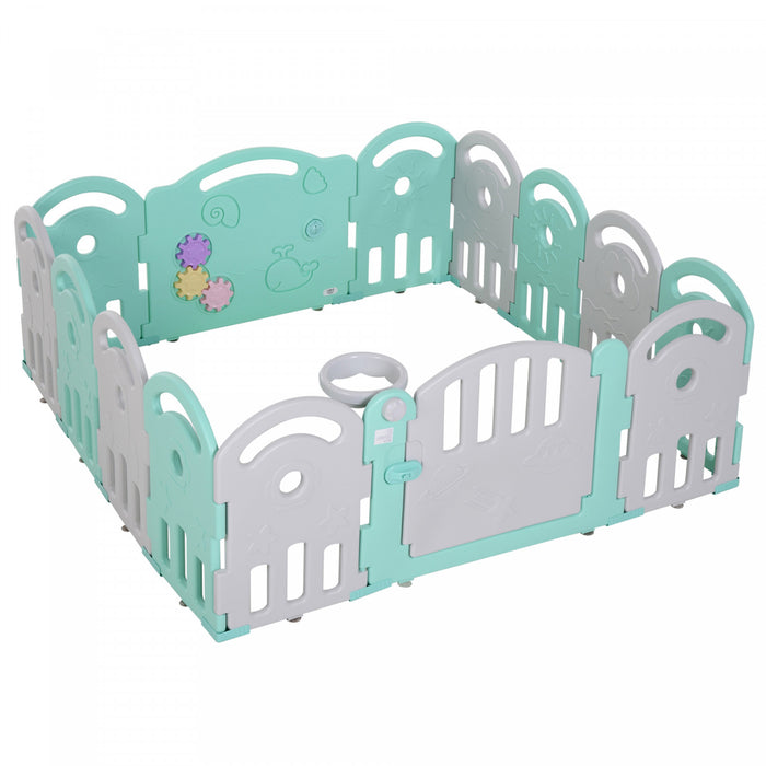 Qaba 2.1' Parc Pour Bebe Barriere De Securite Pour Enfants Mom's Helper Safety Yard Cloture Pour Centre D'activites Pour Enfants Pour La Maison, L'interieur Et L'exterieur, 14 Pieces (vert Et Gris)