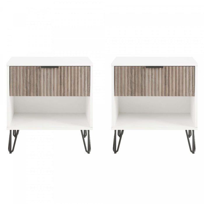 Table de nuit moderne Dumbo 20\" a rainures, gris rustique et blanc (1 tiroir) - Lot de 2