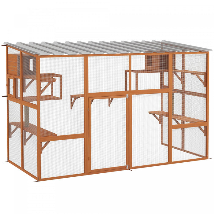 Enclos exterieur pour chats PawHut Catio, grande maison en bois de 193 cm avec niches, plateformes de saut, griffoirs, toit impermeable, cage pour 1 a 5 chatons, orange