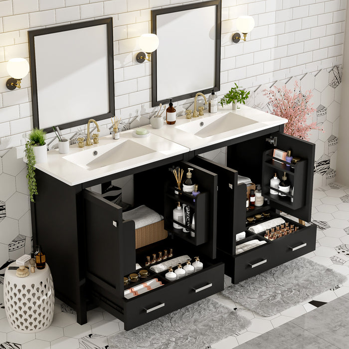 Madeline Meuble de salle de bain 60 pouces a double vasque en ceramique avec rangement intelligent, Noir