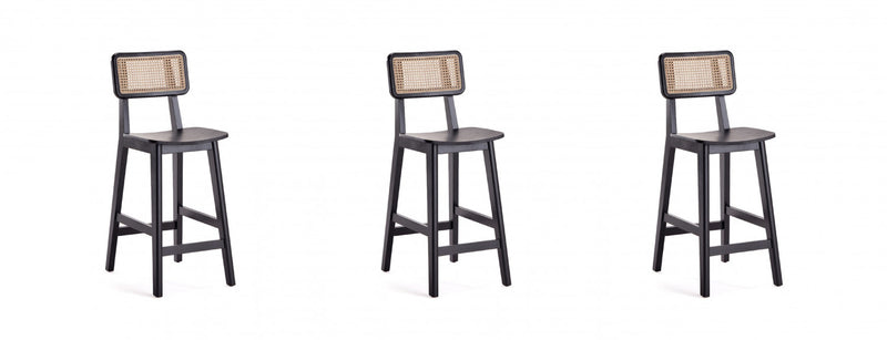 Tabouret de comptoir industriel chic Versailles avec dossier en cannage, bois noir et naturel - Lot de 3