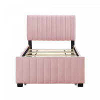 Lit plateforme Ethan rembourre en velours, gain de place, avec tiroir gigogne, taille simple, rose