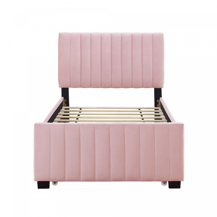 Lit plateforme Ethan rembourre en velours, gain de place, avec tiroir gigogne, taille simple, rose