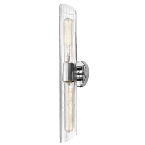 Grande lumière de coiffeuse Samantha de Dainolite en verre cannelé transparent, avec fini chromé poli et 2 ampoules
