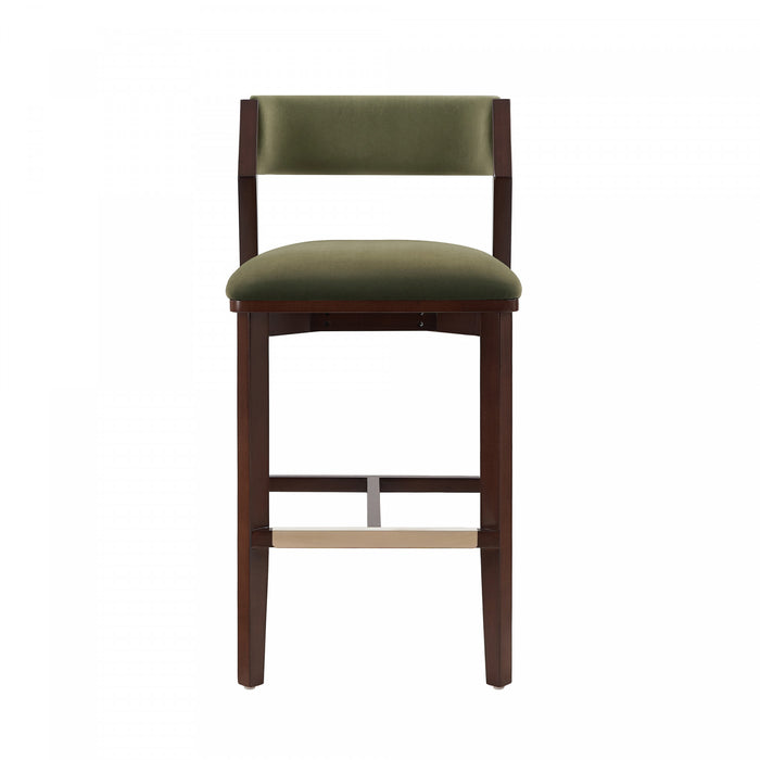 Tabouret de bar moderne Patricia en bois avec revetement en tissu vert tortue
