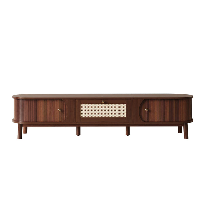 Rustic Meuble TV 67 po avec Portes Coulissantes en Rotin et Tiroirs, Bois