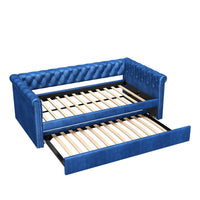 Le Daybed Sophia avec design capitonne, revetement en tissu, lit d'appoint avec trundle et dossier confortable, couleur bleue