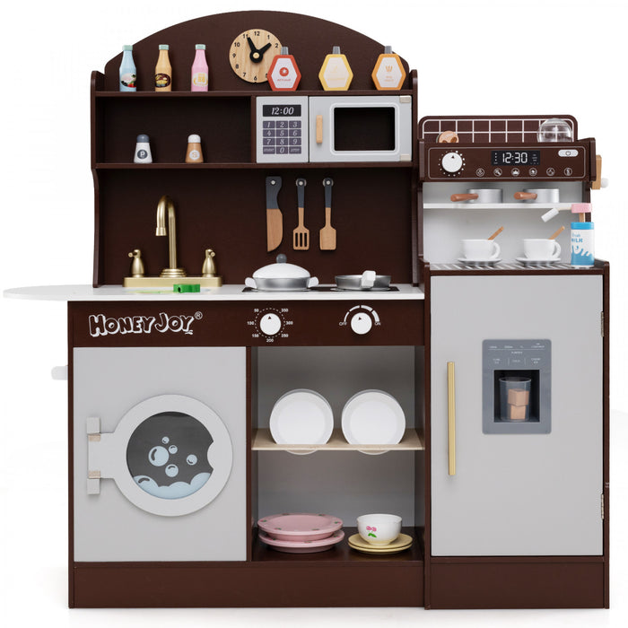 Honeyjoy Jeu De Cuisine Pour Enfants Jeu De Cuisine En Bois Avec Horloge, Micro-ondes, Evier, Plateau Brun