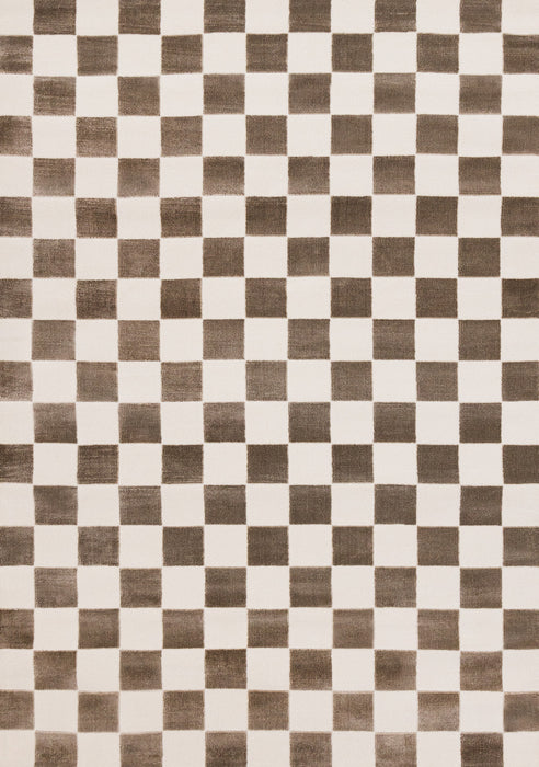 Carpette géométrique Leopold brune et blanche à motif de carreaux - 7 pi 10 po x 10 pi 6 po
