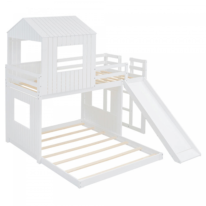 Lit Superpose Marico En Bois Massif, Taille Simple En Haut Et Double En Bas, Avec Toboggan, Design Maison De Jeu, Blanc