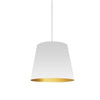 Petit luminaire suspendu de Dainolite avec très grand abat-jour cylindrique blanc et doré, et 1 ampoule