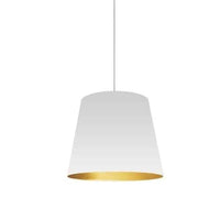Petit luminaire suspendu de Dainolite avec très grand abat-jour cylindrique blanc et doré, et 1 ampoule