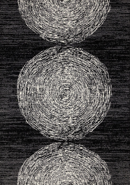 Tapis Florence noir, gris et blanc a motif d'anneaux d'arbre, 5'3\" x 7'4\"