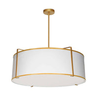 Luminaire suspendu Trapezoid de Dainolite avec abat-jour cylindrique doré et blanc qui diffuse la lumière, tissu blanc, fini doré et 4 ampoules
