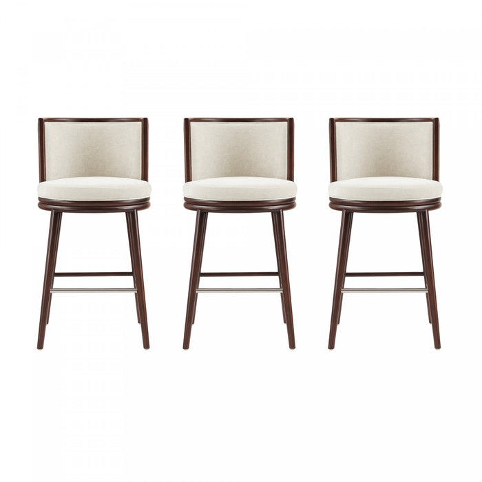 Tabouret de bar moderne en bois et tissu creme Evalyn - Lot de 3