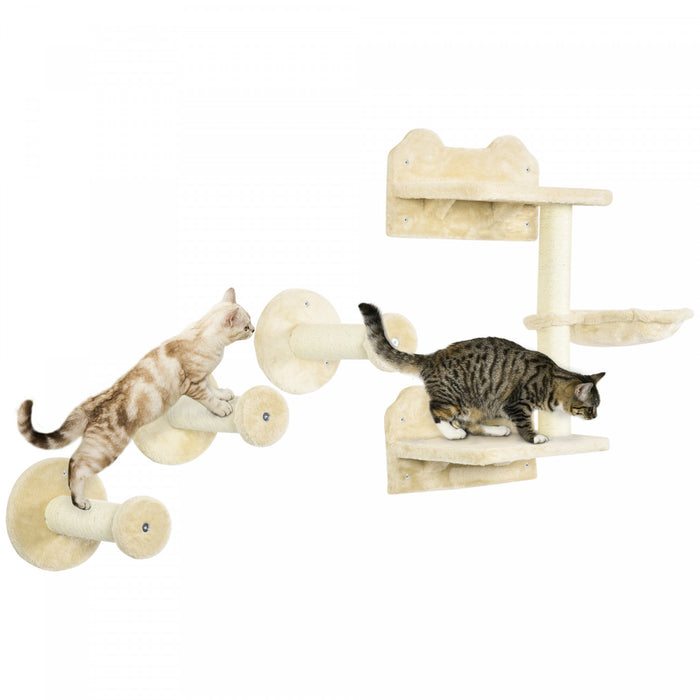 Pawhut Lot De 4 Etageres Murales Pour Chat Avec Griffoirs, Hamac, Ensembles, Plates-formes, Etageres Pour Se Detendre, Dormir, Sauter, Grimpeur Mural Pour Chats D'interieur, Beige