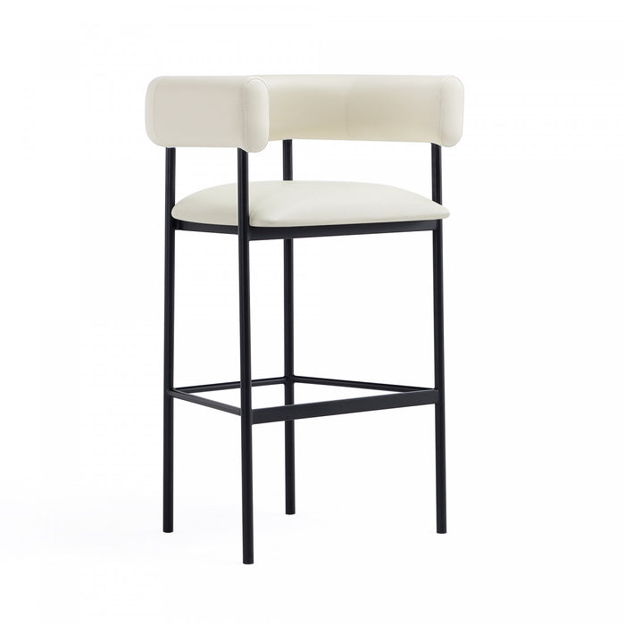 Tabouret de bar contemporain Onda en cuir vegetalien et metal, rembourre, coloris ivoire