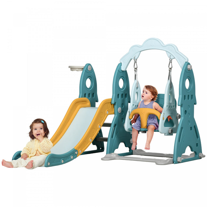 Qaba Ensemble Toboggan Et Balancoire Pour Enfants 3 En 1, Aire De Jeux Interieure Avec Panier De Basket, Balancoire Reglable, Grimpeur Pour Tout-petits, Pour Les 1 A 3 Ans, Bleu Clair