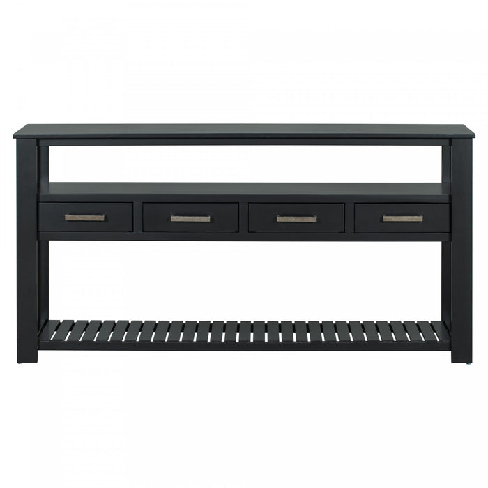 Table d'entree Ava 62,2'' avec tiroirs et etageres ouvertes, noire