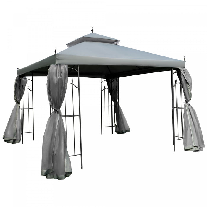 Outsunny 10' X 10' Abri De Jardin En Acier Pour L'exterieur Avec Rideaux En Maille Amovibles, Etageres De Presentation Et Cadre En Acier, Gris