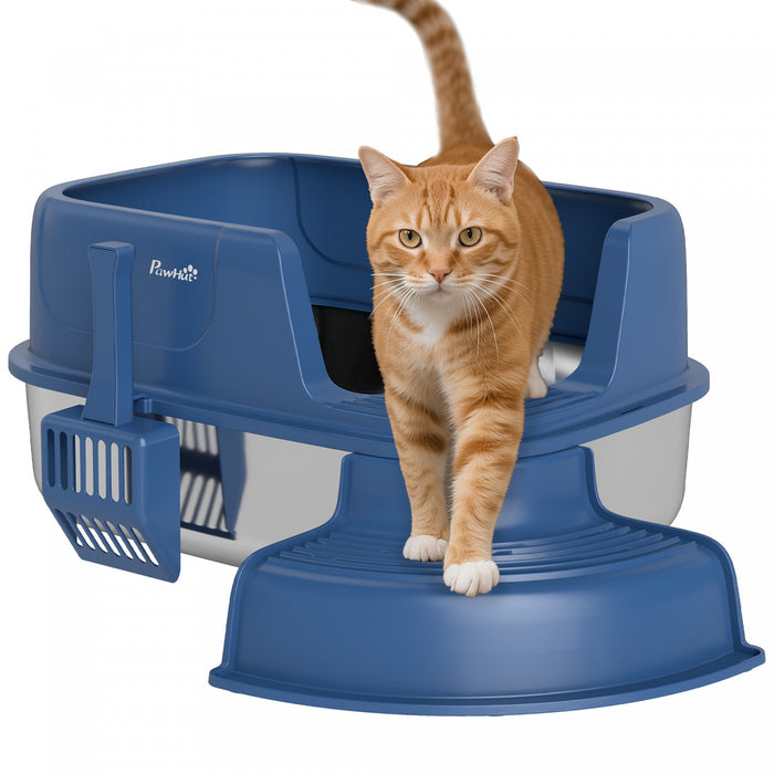 PawHut Stainless Steel Cat Litter Box with Scoop, Navy Blue
