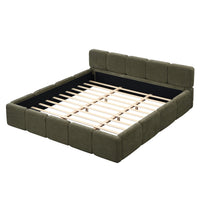  Lit plateforme Toby en tissu lin avec tete et pied de lit epaissis, taille king, vert