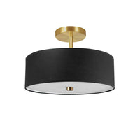 Plafonnier semi-affleuré Everly de Dainolite avec abat-jour noir, fini laiton vieilli et 3 ampoules