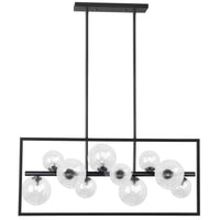Luminaire suspendu horizontal Glasgow de Dainolite en verre transparent, avec cadre carré, fini noir mat et 10 ampoules
