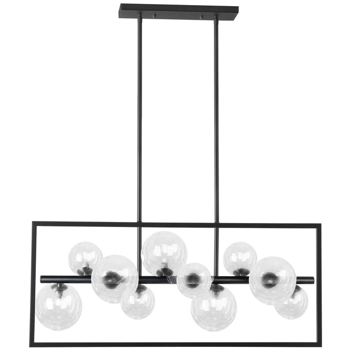 Luminaire suspendu horizontal Glasgow de Dainolite en verre transparent, avec cadre carré, fini noir mat et 10 ampoules